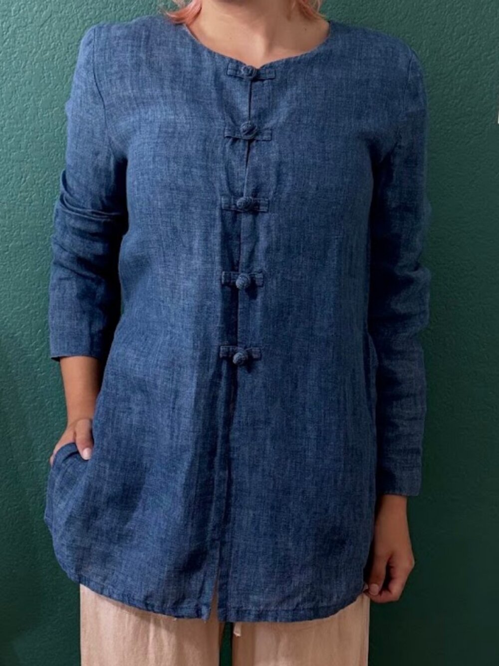 Y2K Max Studio 100% Linen VTG Denim Blue Frog Button Blouse Top Size 1 / Small
